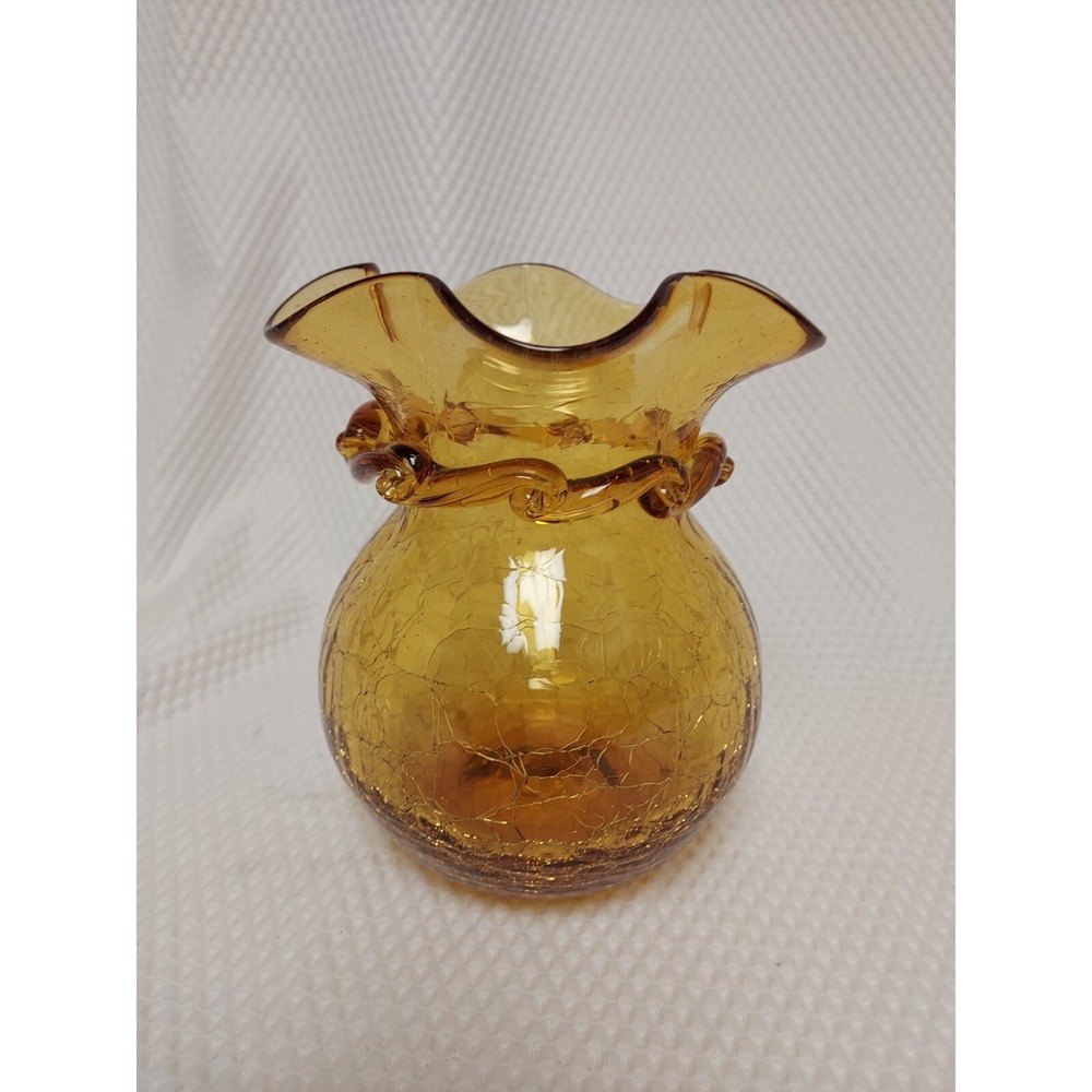 Amber Crackle Glass Ruffle Edge Top and Ribbon Swirl Collar Blown Glass Vase 6"
